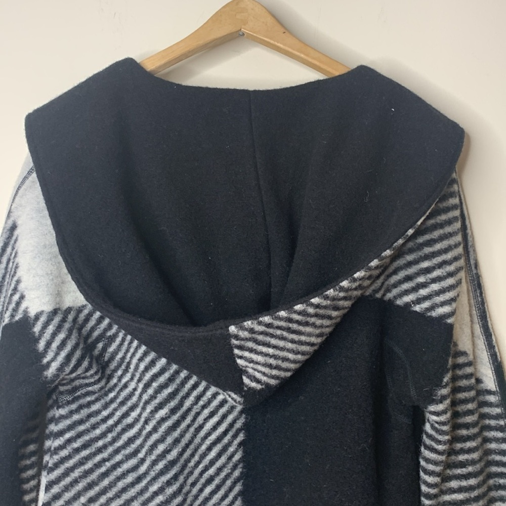 Kenar | Black White Wool Blend Color Pattern Block Hooded Cardigan Duster Coat S - Picture 14 of 16